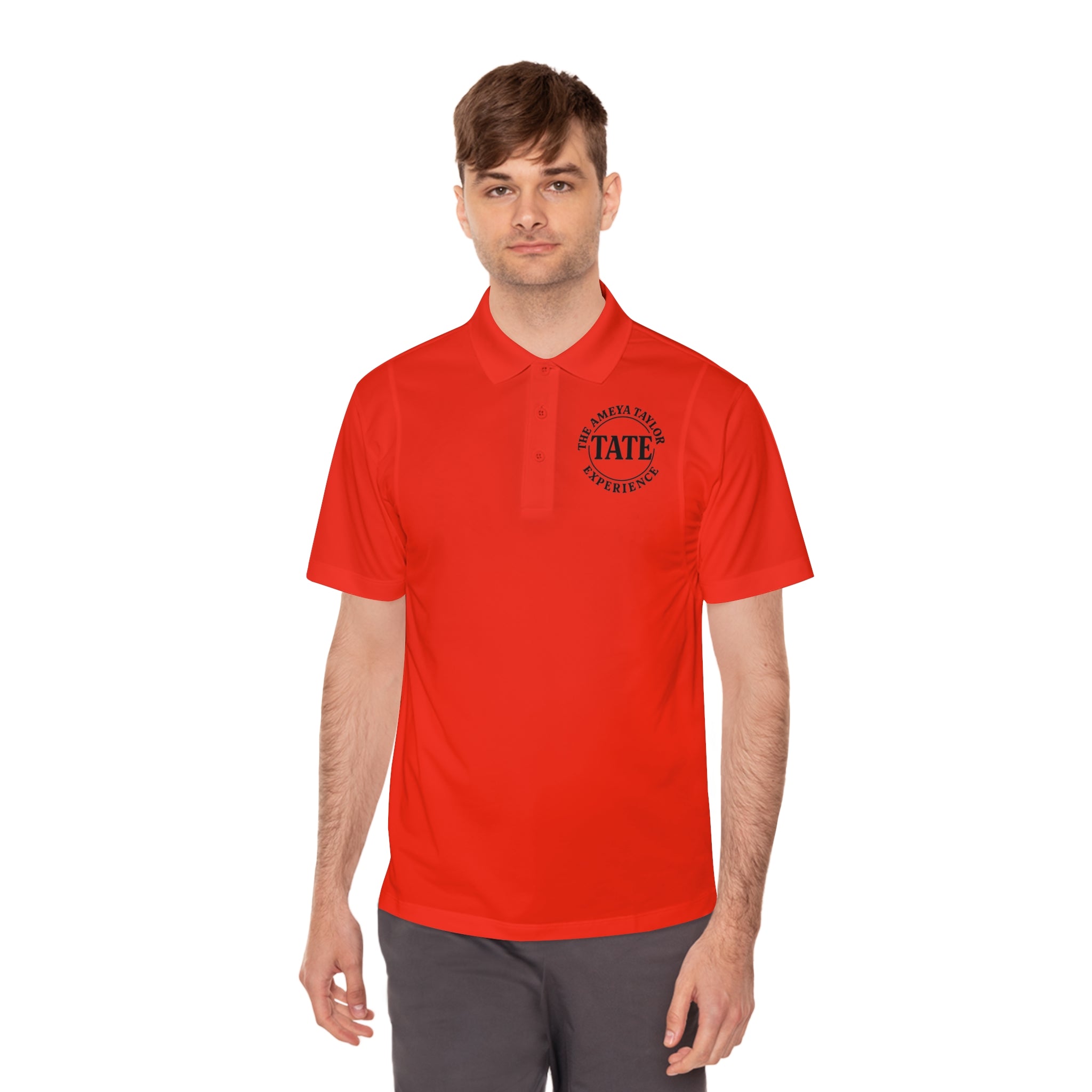 Men's Red Polo Shirt, Sport Performance Polo, TATE Experience Logo Shirt, Vibrant Athletic Polo, The Ameya Taylor Experience